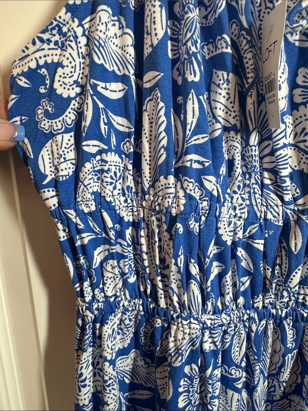 NWTS LOFT Blue and White Floral Maxi Dress w/Adj Spaghetti Straps Sz L - Picture 7 of 10